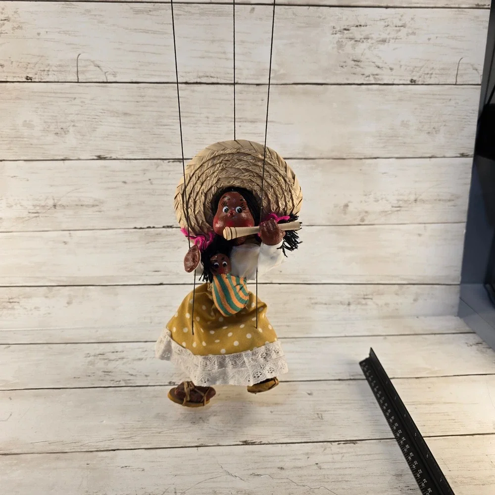 Vintage Mexican Folk Art Marionette Puppet Mother and Baby Straw Hat Polka Dot